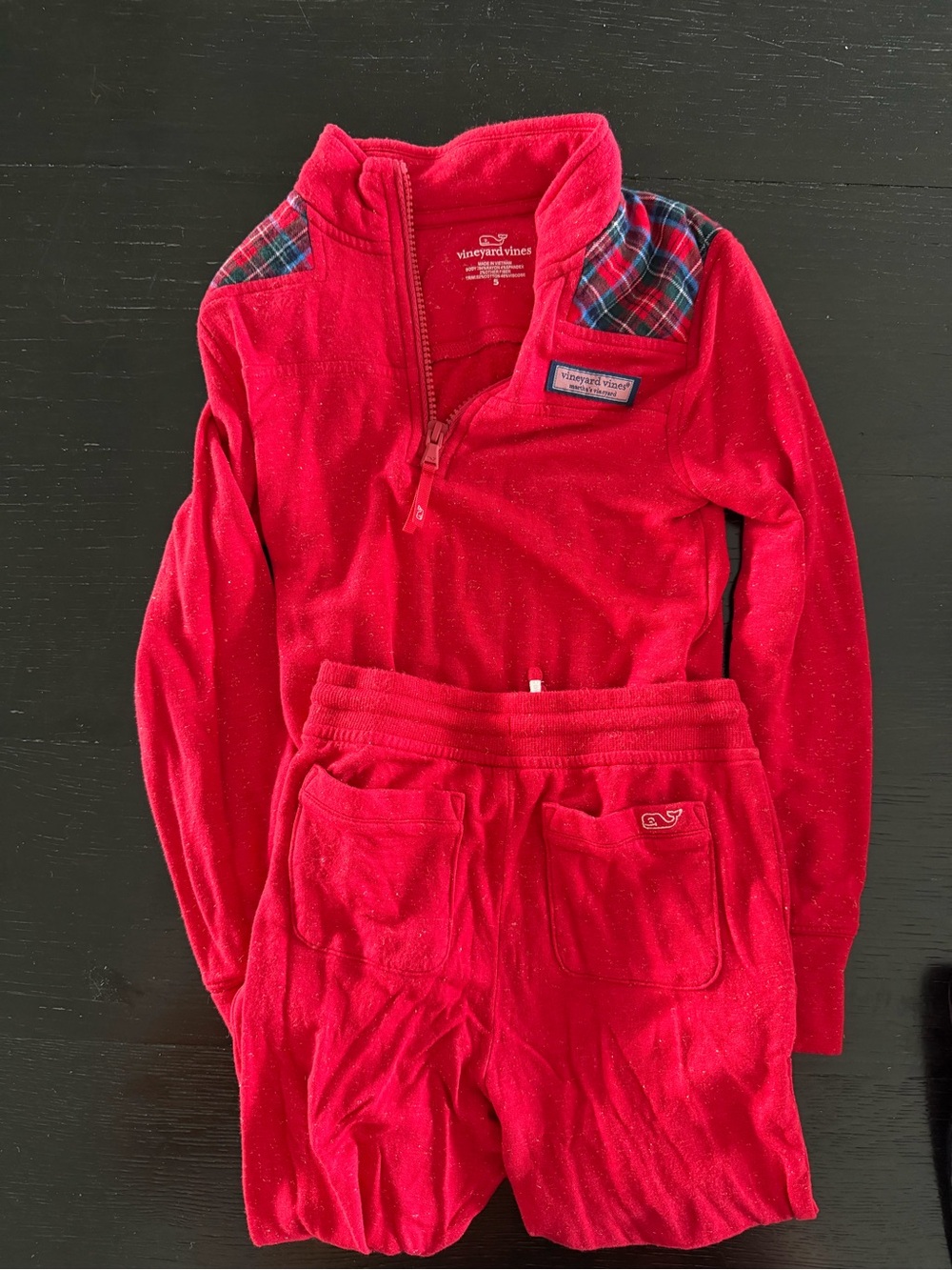 Vineyard Vines Girls Bright Red Quarter-Zip Pullover and pants with Plaid Accent